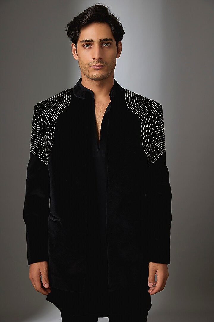 Black Cotton Velvet Handwork Open Jacket Set by Nero by Shaifali & Satya at Pernia's Pop Up Shop