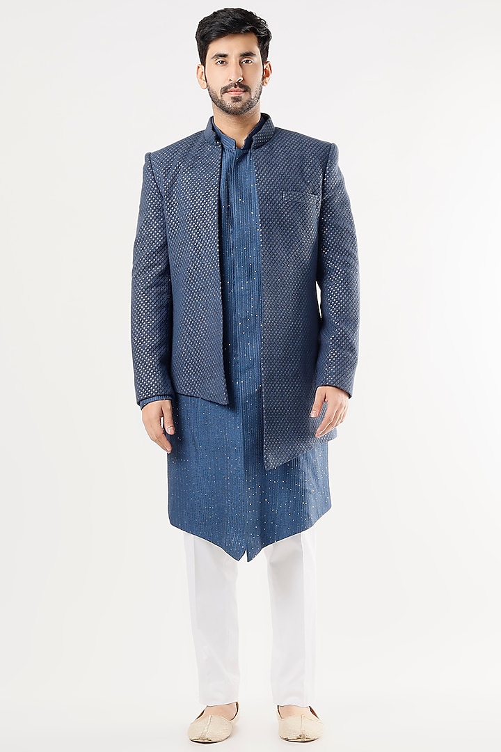 Teal Blue Lucknowi Indowestern Jacket Set by Nero By Shaifali & Satya
