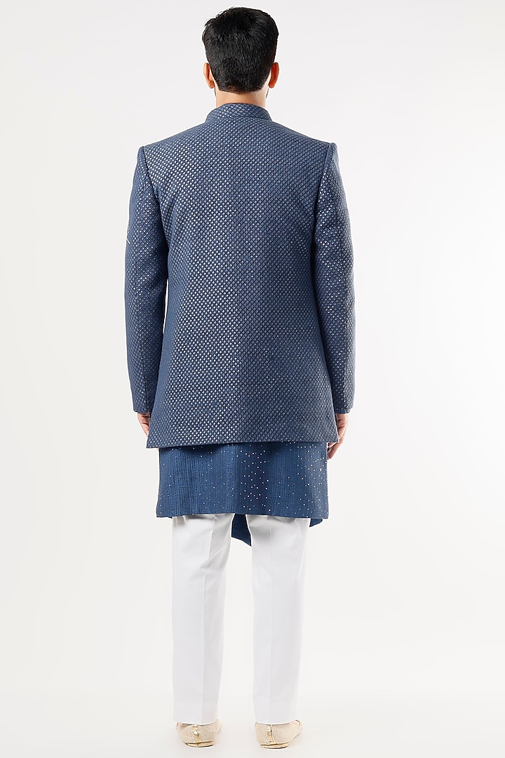 Teal Blue Lucknowi Wedding Indowestern Jacket Set by Nero By Shaifali & Satya at Pernia's Pop Up Shop