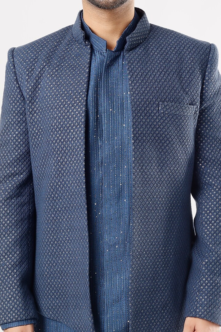 Teal Blue Lucknowi Wedding Indowestern Jacket Set by Nero By Shaifali & Satya at Pernia's Pop Up Shop