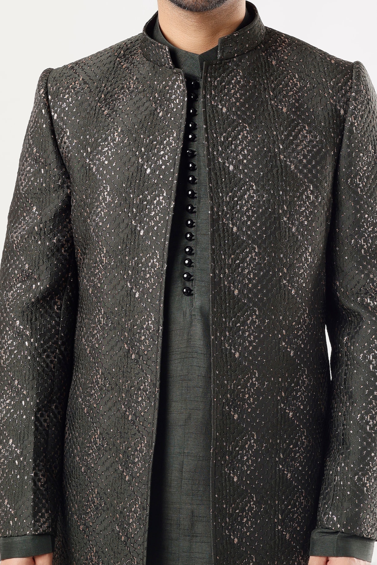 Olive Green Jacquard Indowestern Jacket Set by Nero By Shaifali & Satya