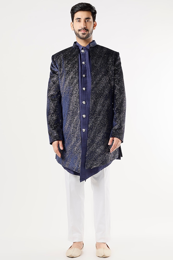 Blue Glitter Indowestern Jacket Set by Nero By Shaifali & Satya