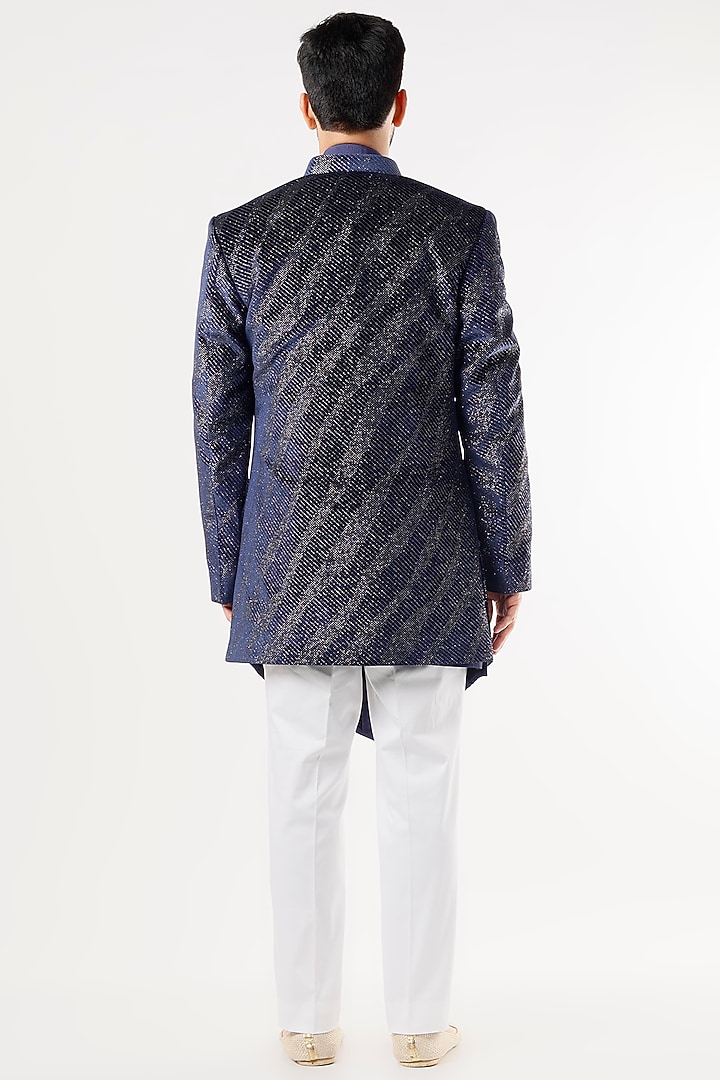 Blue Glitter Wedding Indowestern Jacket Set by Nero By Shaifali & Satya at Pernia's Pop Up Shop