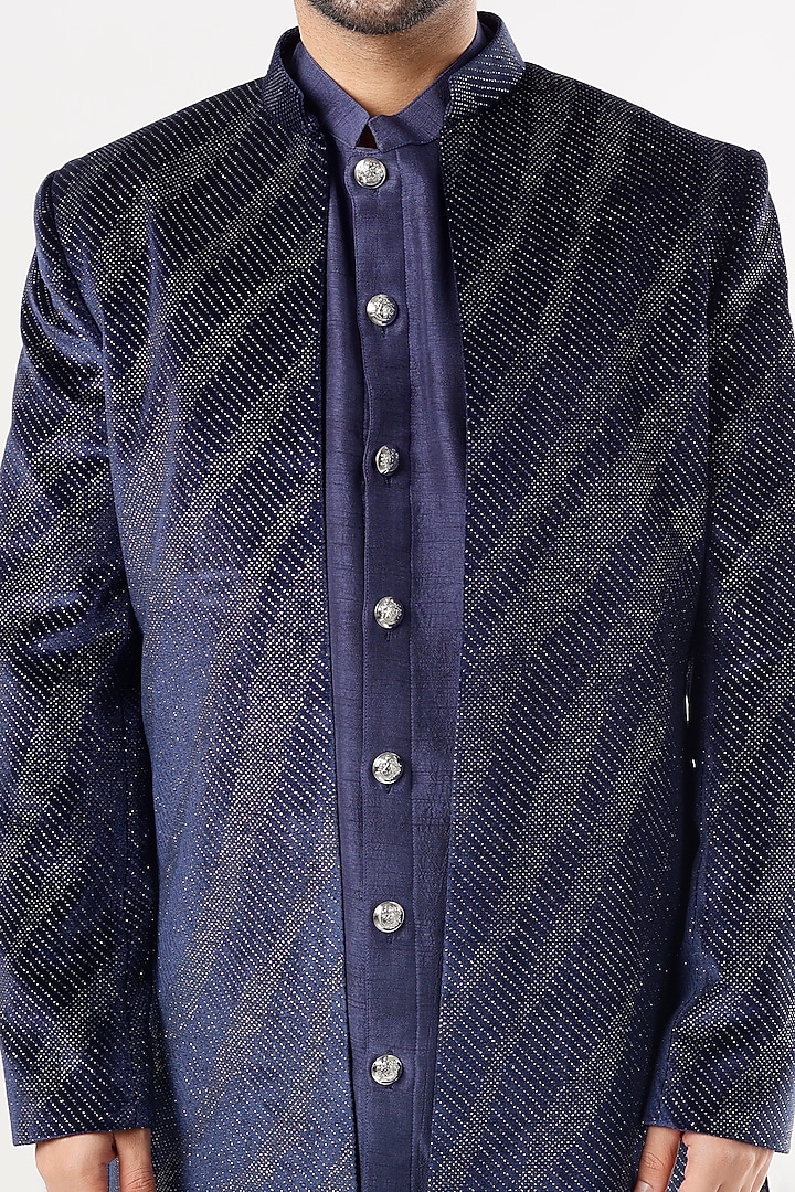 Blue Glitter Wedding Indowestern Jacket Set by Nero By Shaifali & Satya at Pernia's Pop Up Shop
