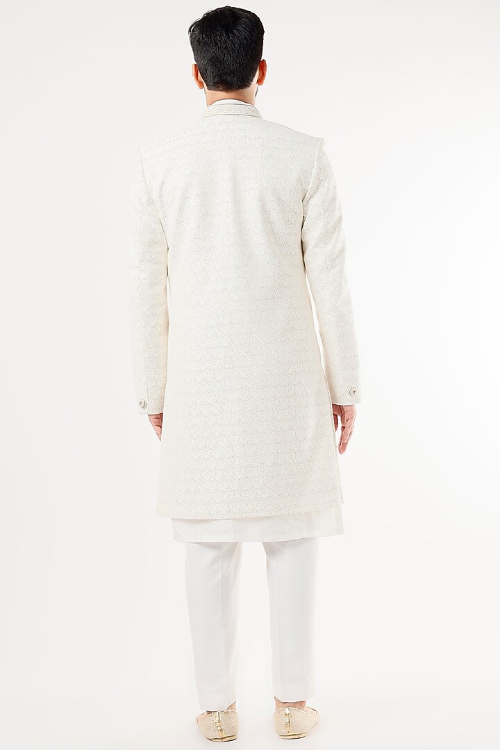 Off-White Silk Machine Embroidered Wedding Sherwani Set by Nero By Shaifali & Satya at Pernia's Pop Up Shop