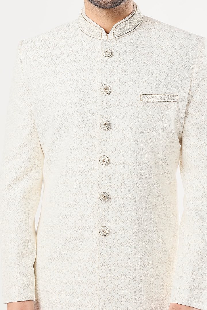 Off-White Silk Machine Embroidered Wedding Sherwani Set by Nero By Shaifali & Satya at Pernia's Pop Up Shop