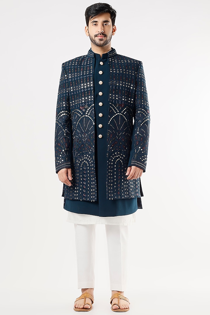 Blue Embroidered Indowestern Jacket Set by Nero By Shaifali & Satya