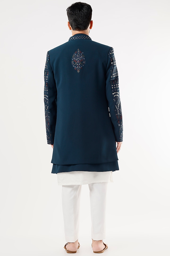 Blue Embroidered Wedding Indowestern Jacket Set by Nero By Shaifali & Satya at Pernia's Pop Up Shop