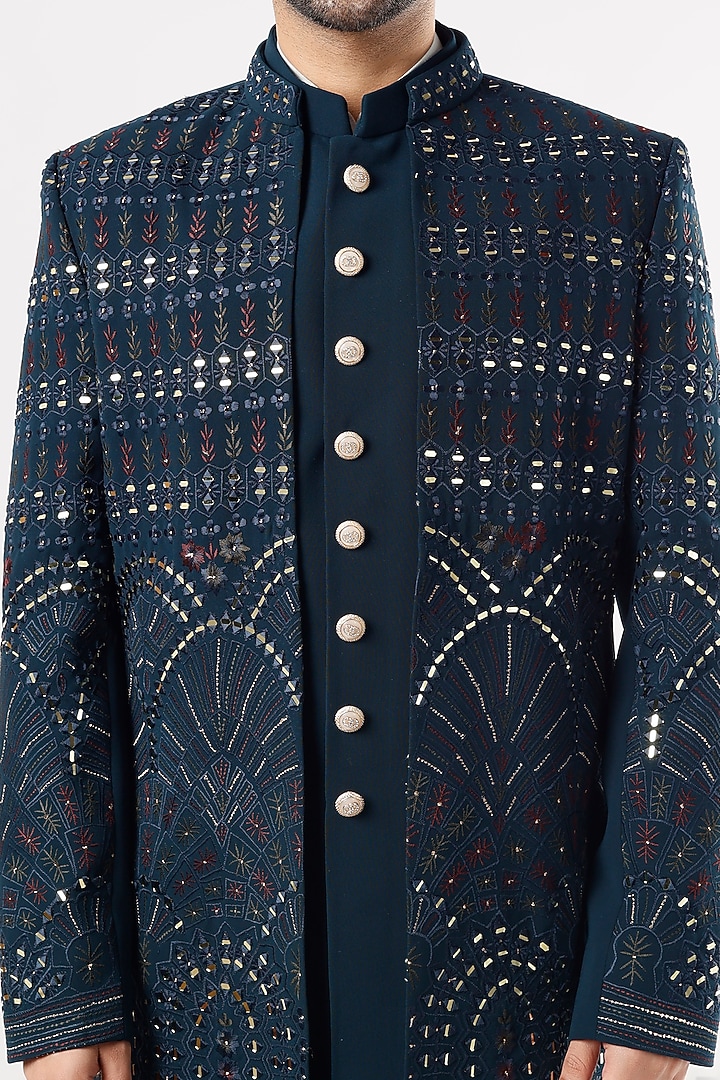 Blue Embroidered Wedding Indowestern Jacket Set by Nero By Shaifali & Satya at Pernia's Pop Up Shop