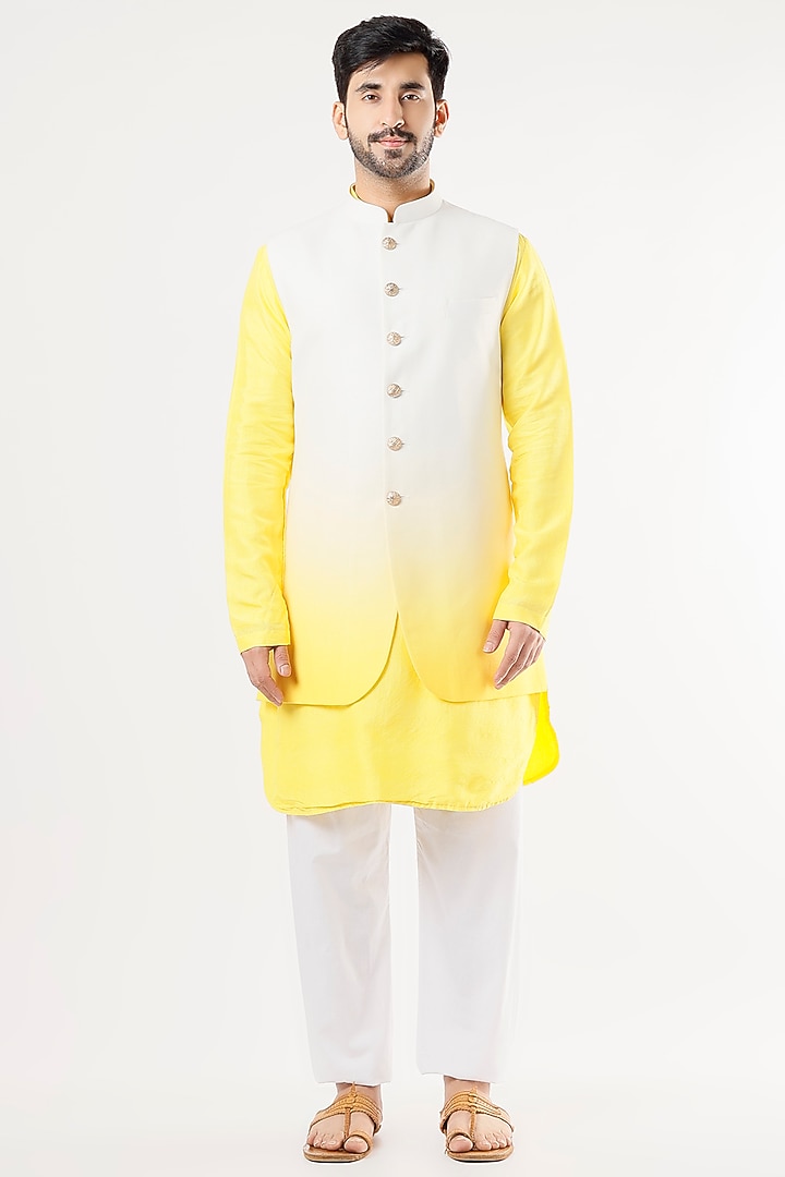 White & Yellow Linen Cotton Bundi Jacket Set by Nero By Shaifali & Satya at Pernia's Pop Up Shop