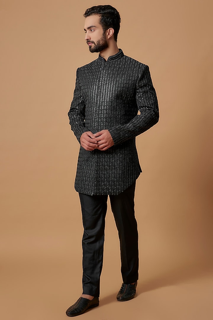 Black Suiting Fabric Indowestern Set by Nero by Shaifali & Satya