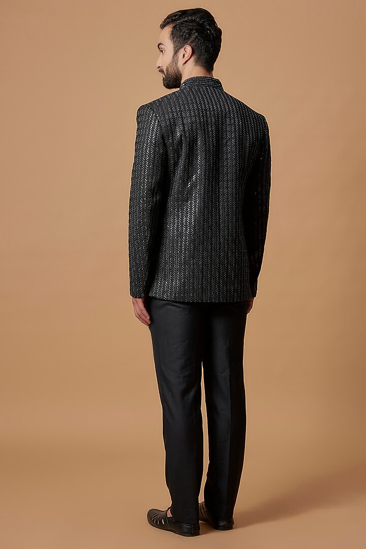 Black Suiting Fabric Wedding Indowestern Set by Nero by Shaifali & Satya at Pernia's Pop Up Shop