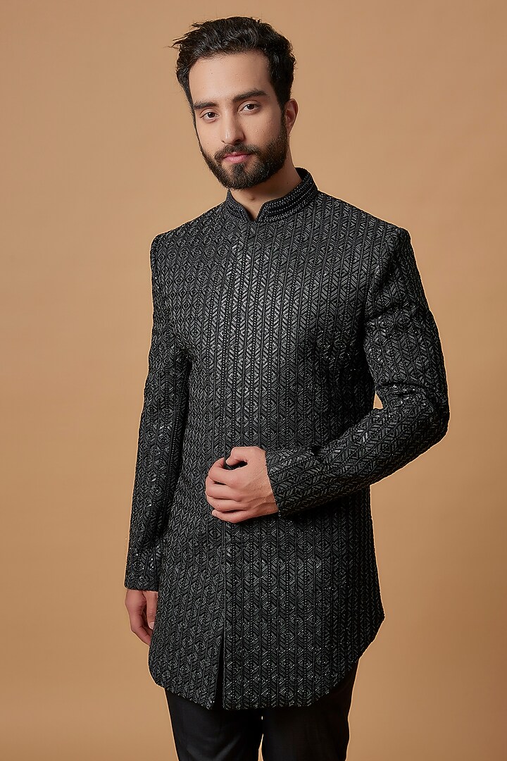 Black Suiting Fabric Wedding Indowestern Set by Nero by Shaifali & Satya at Pernia's Pop Up Shop