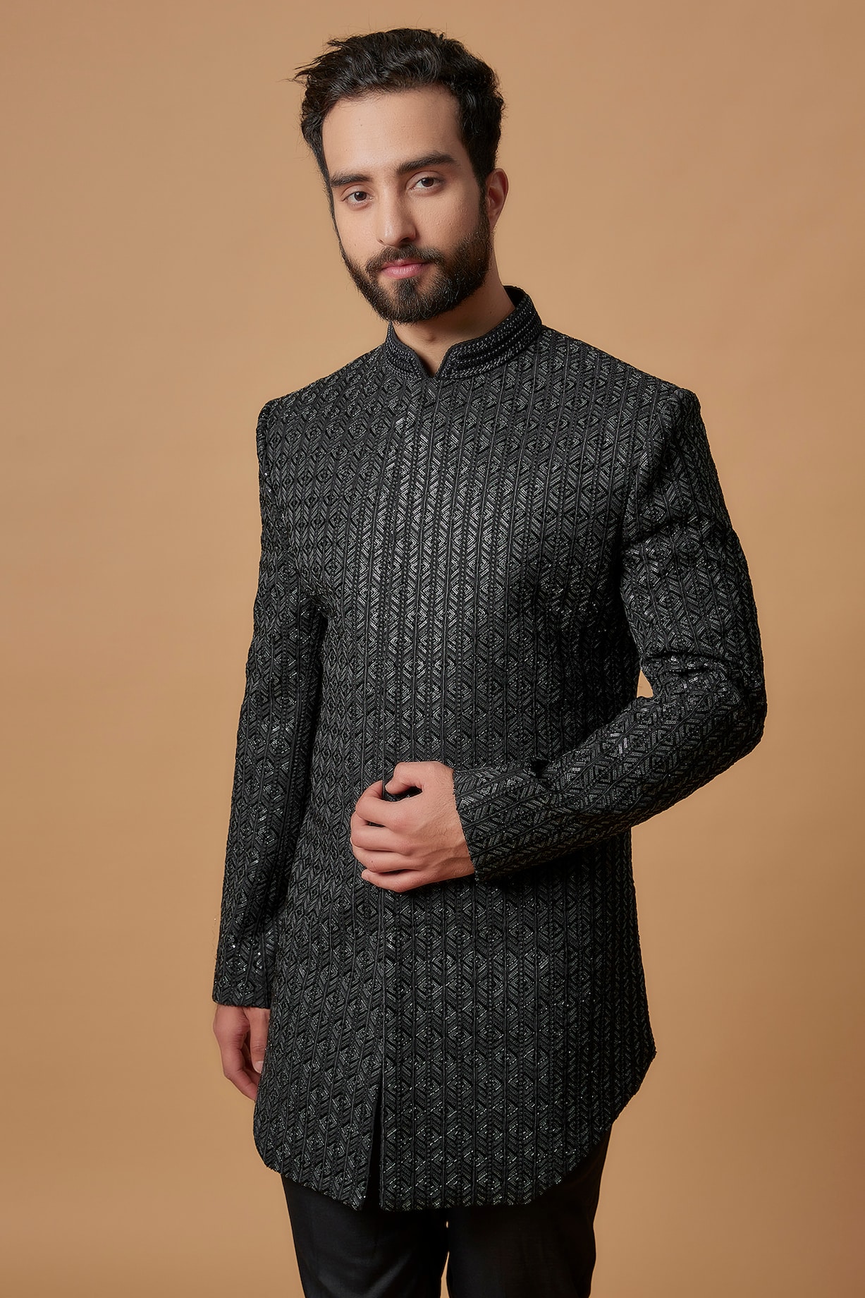 Buy Nero by Shaifali & Satya Black Suiting Fabric Indowestern Set at ...