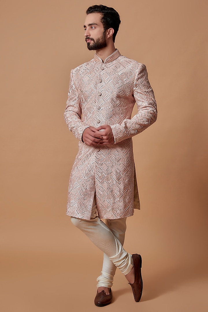 Blush Pink Lucknowi Fabric Sherwani Set by Nero by Shaifali & Satya