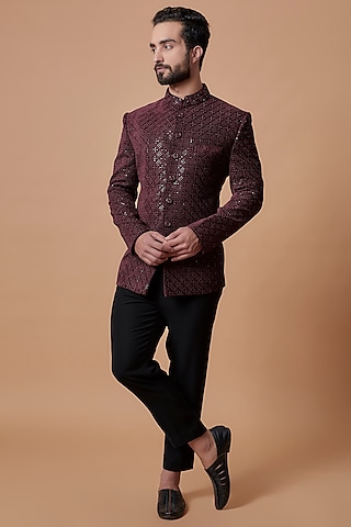 Wine Suede Jodhpuri Jacket Set by Nero by Shaifali & Satya
