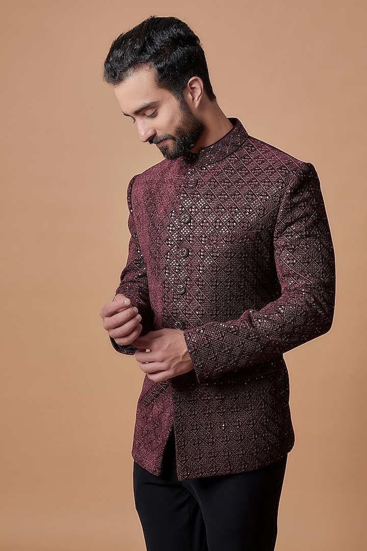 Wine Suede Jodhpuri Jacket Set by Nero by Shaifali & Satya at Pernia's Pop Up Shop