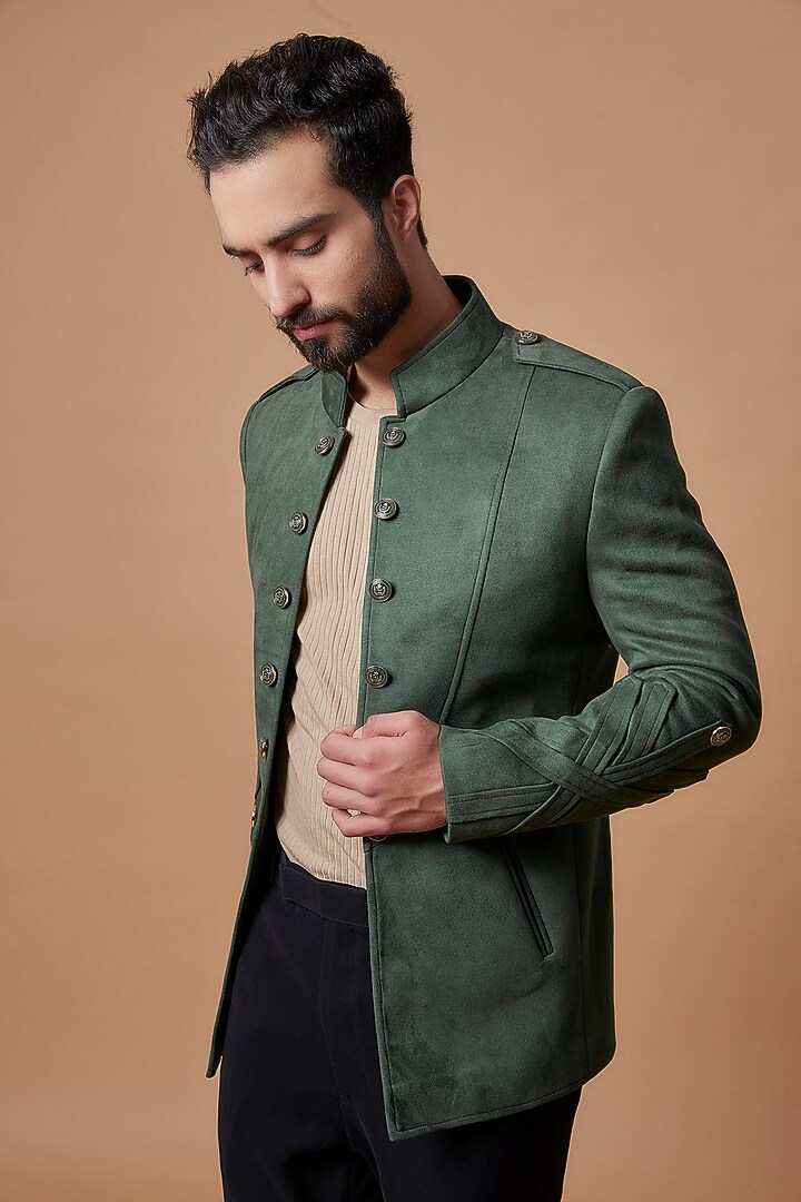 Green Leather Suede Jacket by Nero by Shaifali & Satya at Pernia's Pop Up Shop