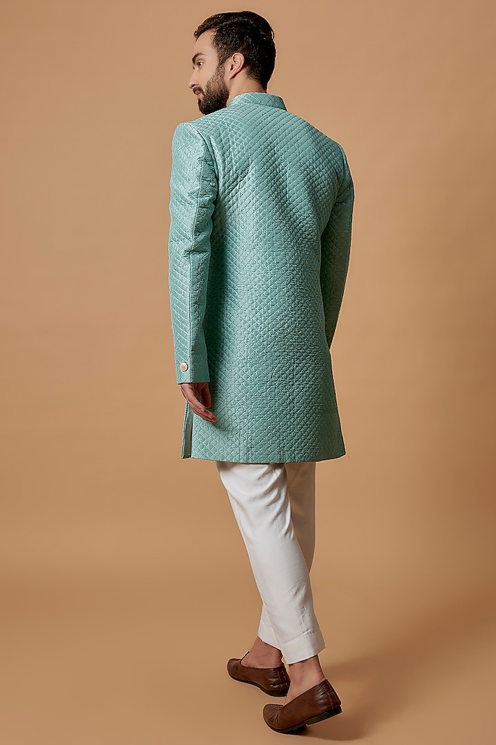 Turquoise Blue Silk Wedding Sherwani Set by Nero by Shaifali & Satya at Pernia's Pop Up Shop