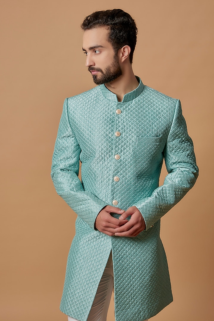 Turquoise Blue Silk Wedding Sherwani Set by Nero by Shaifali & Satya at Pernia's Pop Up Shop