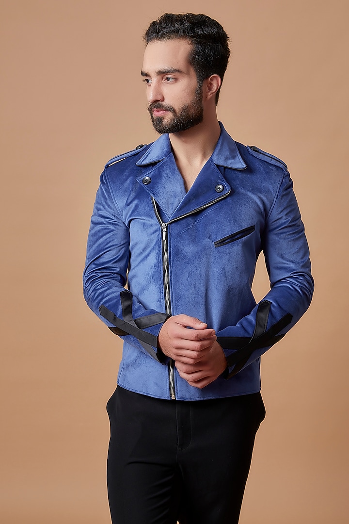 Blue Suede Jacket by Nero by Shaifali & Satya at Pernia's Pop Up Shop