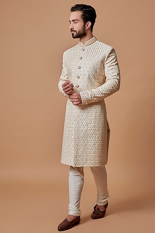 Ivory Silk Sherwani Set by Nero by Shaifali & Satya