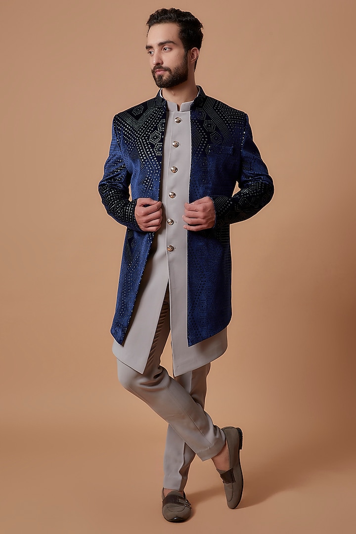 Blue Suede Jacket Set by Nero by Shaifali & Satya