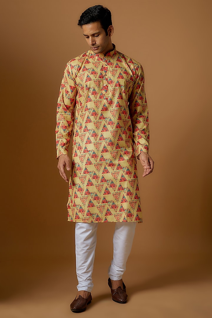 Yellow Cotton Silk Digital Printed Kurta Set by Nero by Shaifali & Satya
