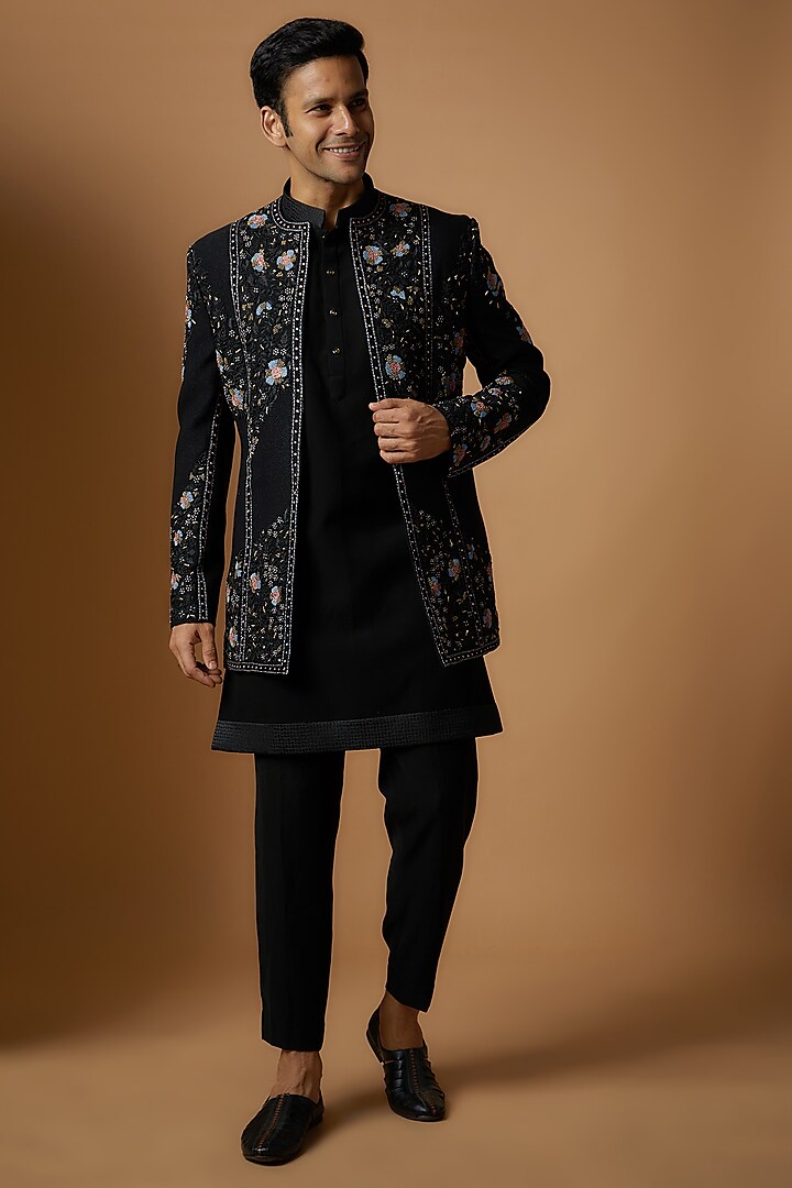 Black Suiting Fabric Embroidered Groom Indowestern Set by Nero by Shaifali & Satya at Pernia's Pop Up Shop