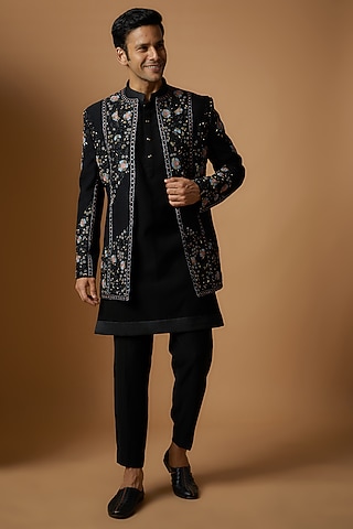 Black Suiting Fabric Embroidered Indowestern Set by Nero by Shaifali & Satya