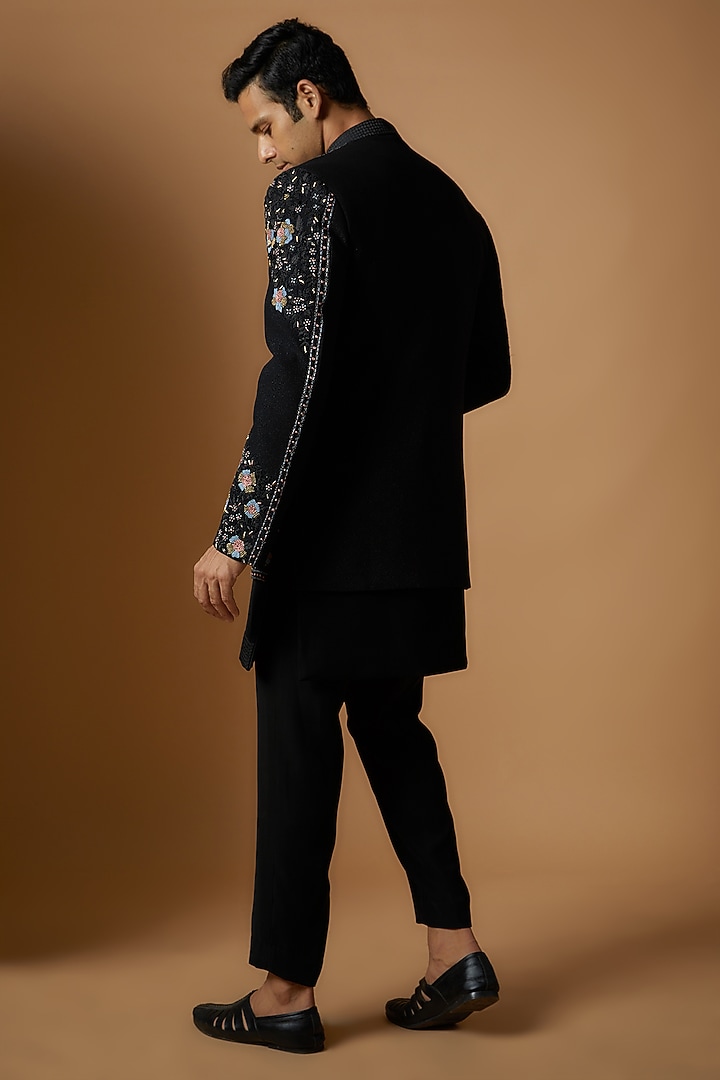 Black Suiting Fabric Embroidered Groom Indowestern Set by Nero by Shaifali & Satya at Pernia's Pop Up Shop