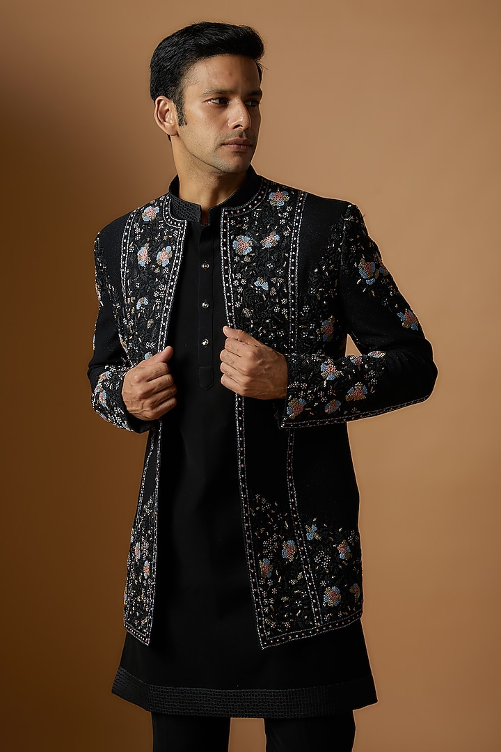 Black Suiting Fabric Embroidered Groom Indowestern Set by Nero by Shaifali & Satya at Pernia's Pop Up Shop