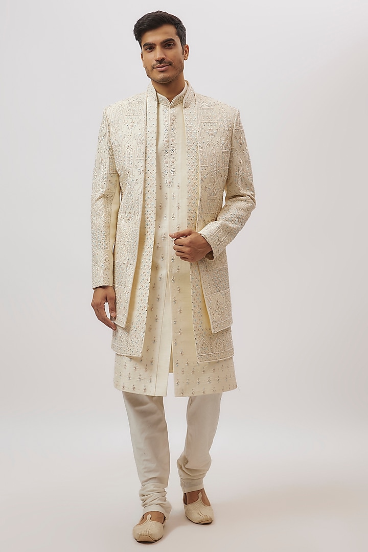 Ivory Silk Floral Printed & Machine Embroidered Sherwani Set by Nero By Shaifali & Satya