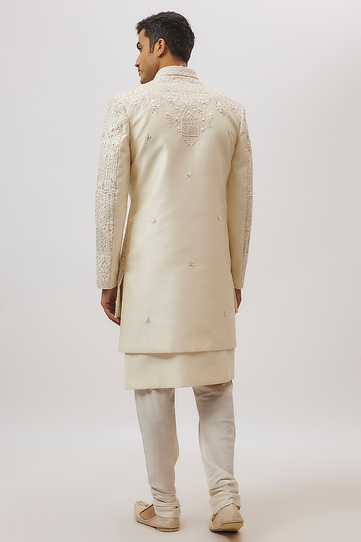 Ivory Silk Floral Printed & Machine Embroidered Groom Sherwani Set by Nero By Shaifali & Satya at Pernia's Pop Up Shop