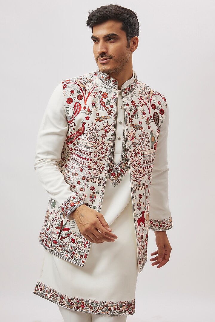 White Raw Silk Floral Printed & Machine Embroidered Bundi Jacket Set by Nero By Shaifali & Satya at Pernia's Pop Up Shop