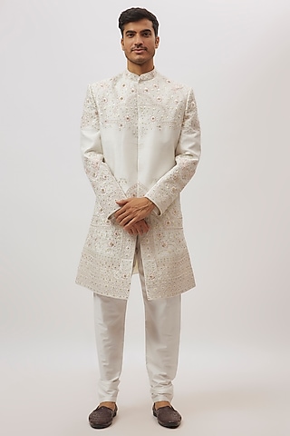 White Raw Silk Floral Printed & Hand Embroidered&nbsp;Sherwani&nbsp;Set by Nero By Shaifali & Satya