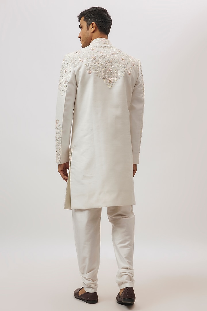White Raw Silk Floral Printed & Hand Embroidered Wedding Sherwani Set by Nero By Shaifali & Satya at Pernia's Pop Up Shop