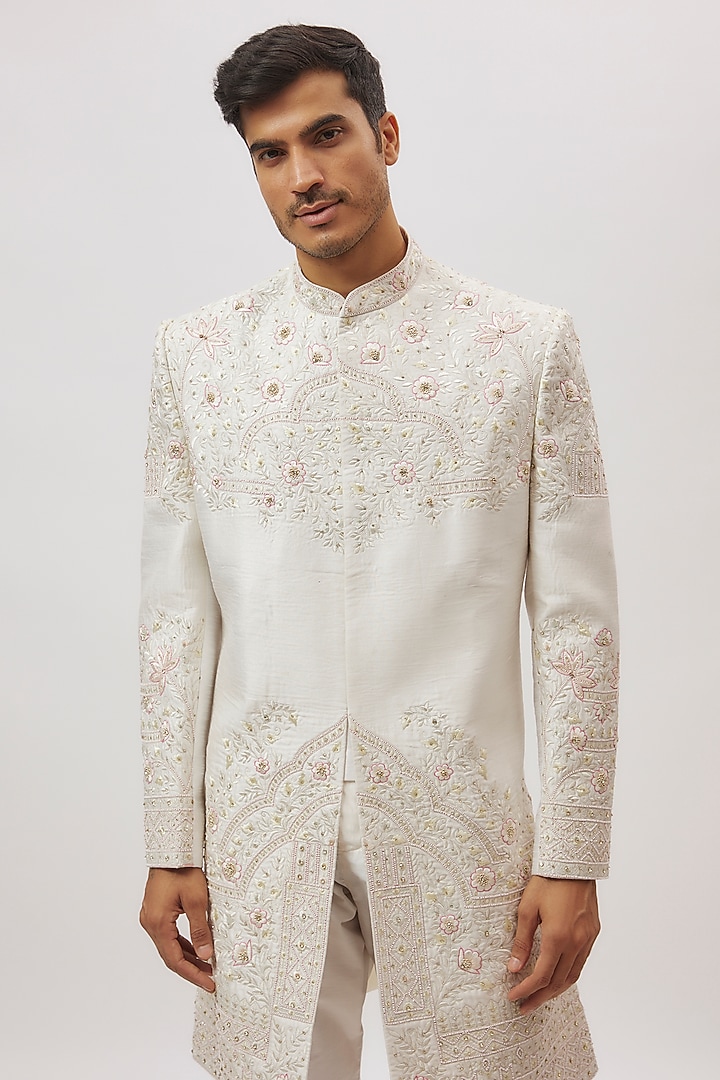 White Raw Silk Floral Printed & Hand Embroidered Wedding Sherwani Set by Nero By Shaifali & Satya at Pernia's Pop Up Shop