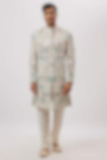 White Raw Silk Floral Printed & Hand Embroidered Sherwani Set by Nero By Shaifali & Satya