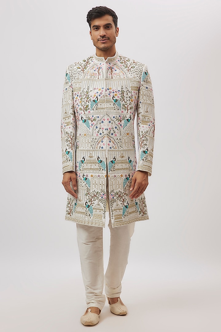 White Raw Silk Floral Printed & Hand Embroidered Sherwani Set by Nero By Shaifali & Satya