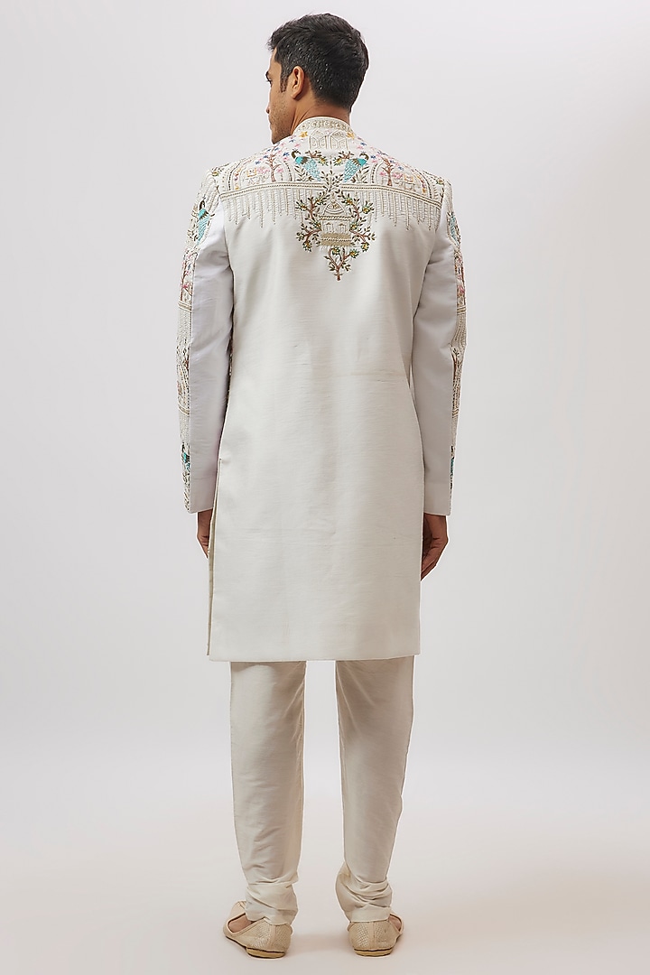 White Raw Silk Floral Printed & Hand Embroidered Groom Sherwani Set by Nero By Shaifali & Satya at Pernia's Pop Up Shop