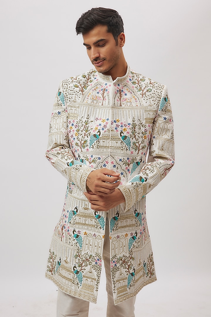 White Raw Silk Floral Printed & Hand Embroidered Groom Sherwani Set by Nero By Shaifali & Satya at Pernia's Pop Up Shop