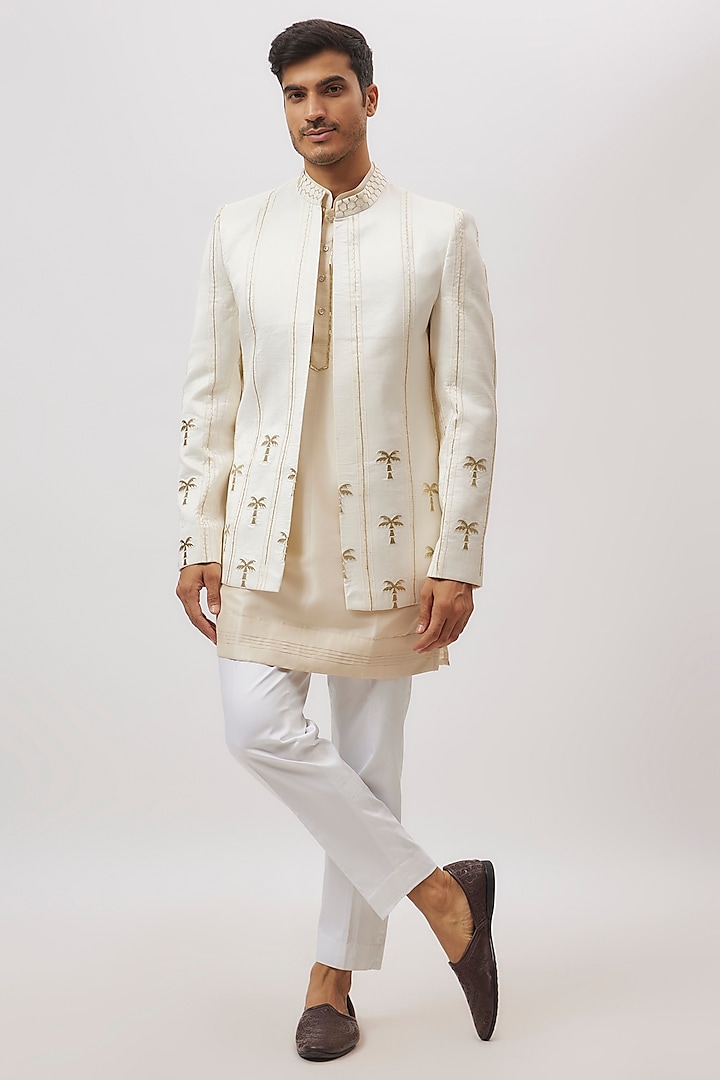 Ivory Silk Hand Embroidered Jacket Set by Nero By Shaifali & Satya at Pernia's Pop Up Shop