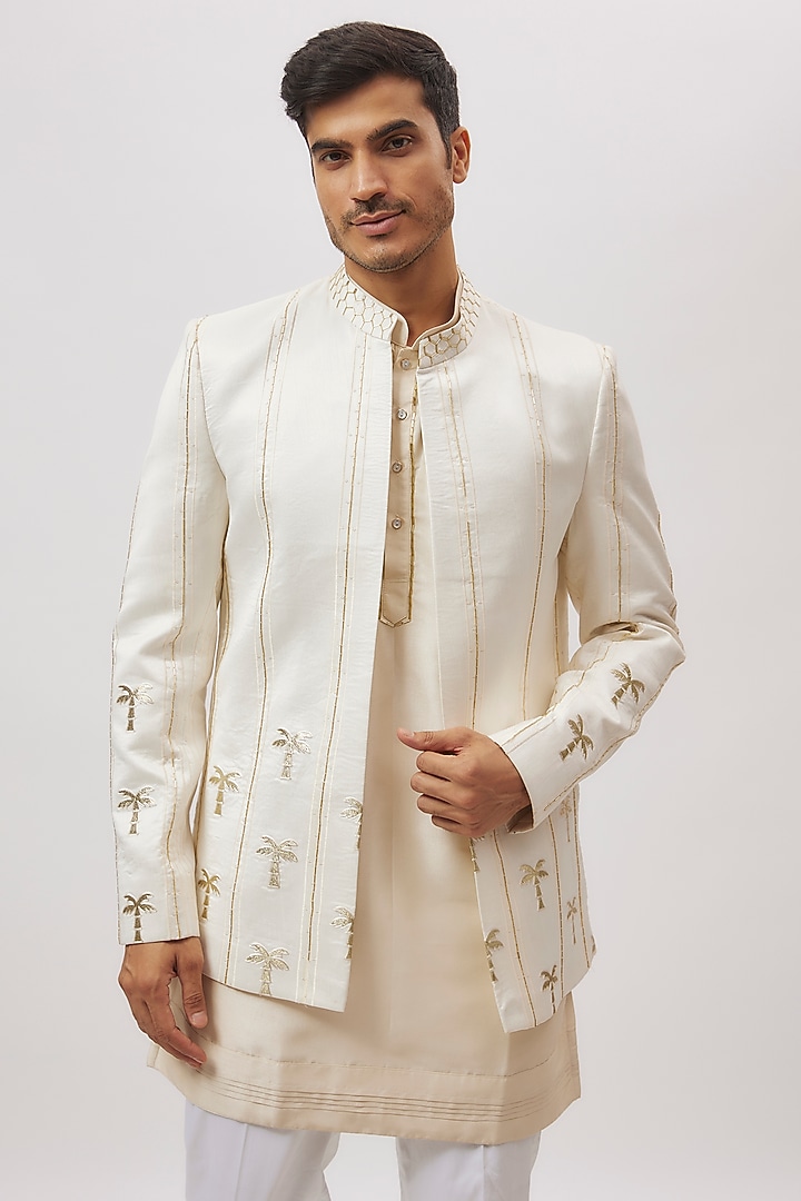 Ivory Silk Hand Embroidered Jacket Set by Nero By Shaifali & Satya at Pernia's Pop Up Shop