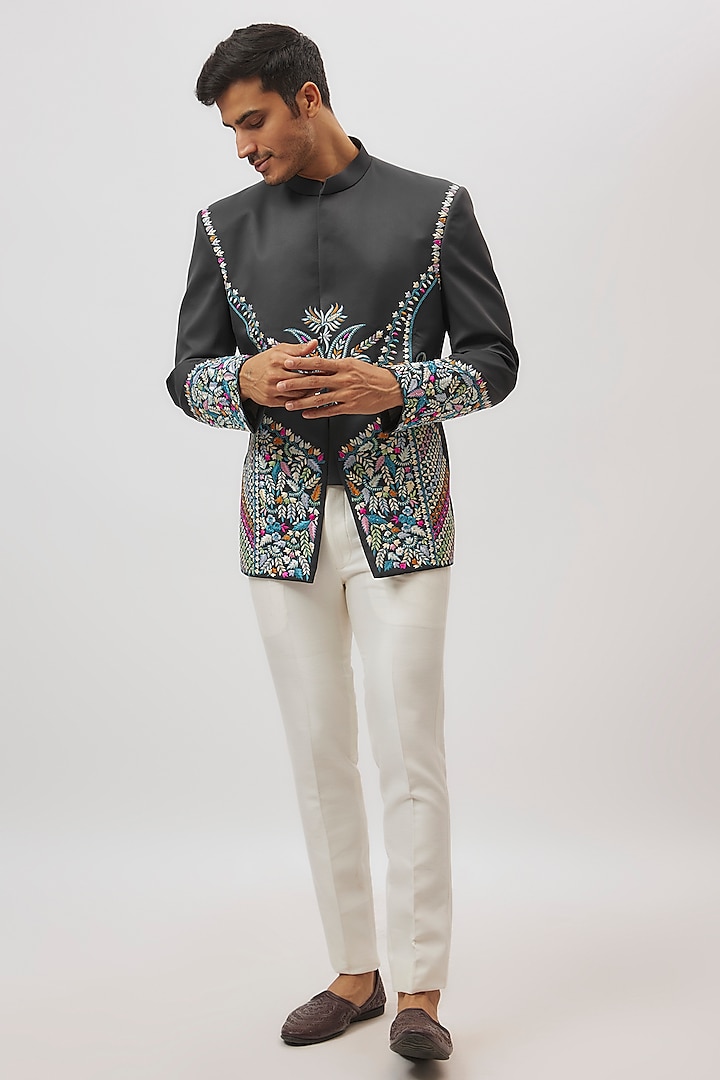 Grey Velvet Floral Printed & Hand Embroidered Jodhpuri Set by Nero By Shaifali & Satya