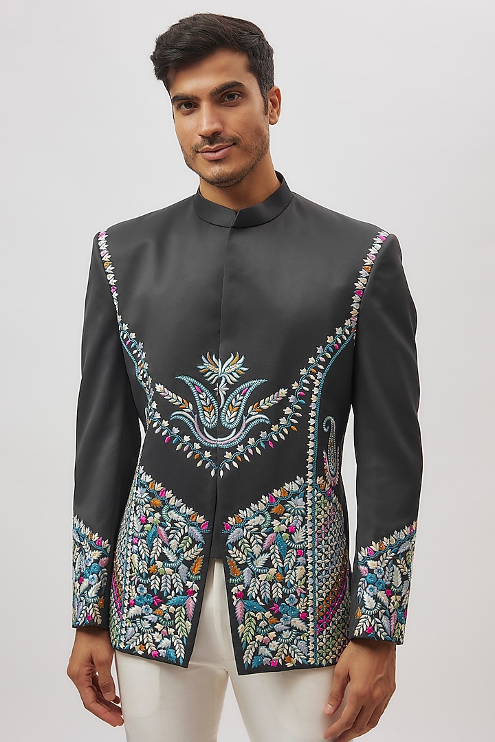 Grey Velvet Floral Printed & Hand Embroidered Jodhpuri Set by Nero By Shaifali & Satya at Pernia's Pop Up Shop