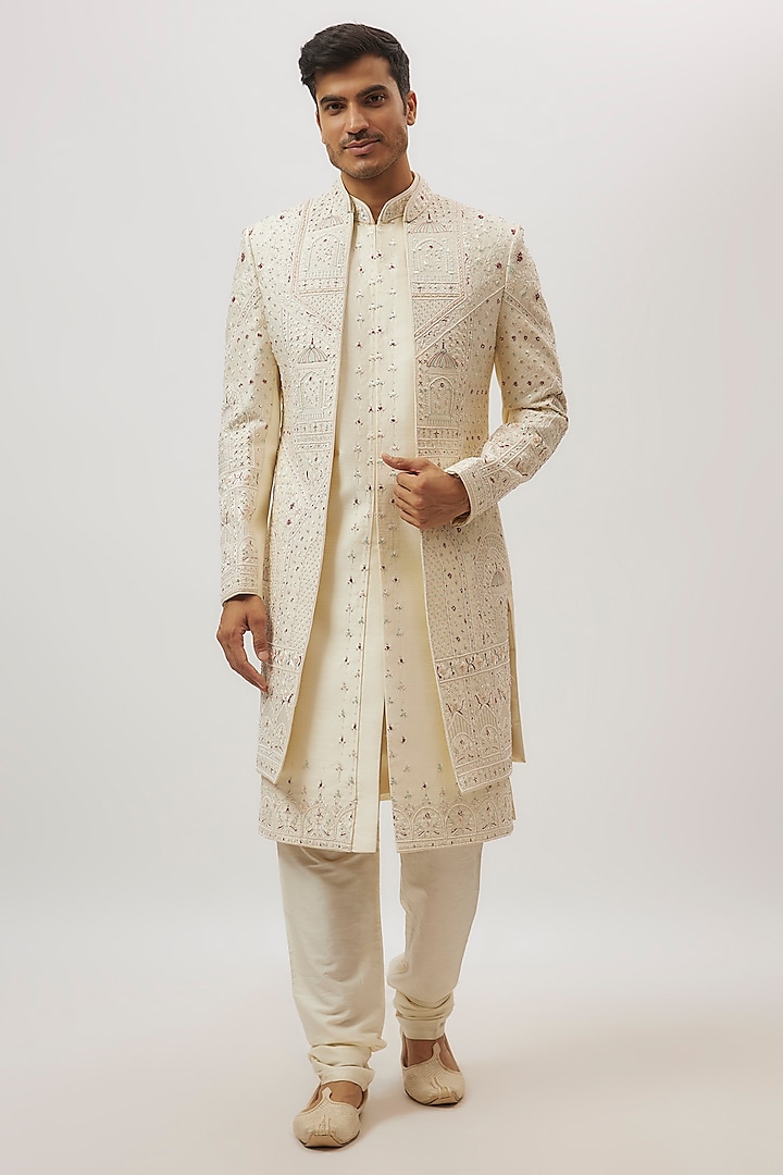 ivory Silk Floral Printed & Crystal Machine Embroidered Sherwani Set by Nero By Shaifali & Satya