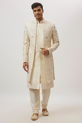 ivory Silk Floral Printed & Crystal Machine Embroidered Sherwani Set by Nero By Shaifali & Satya