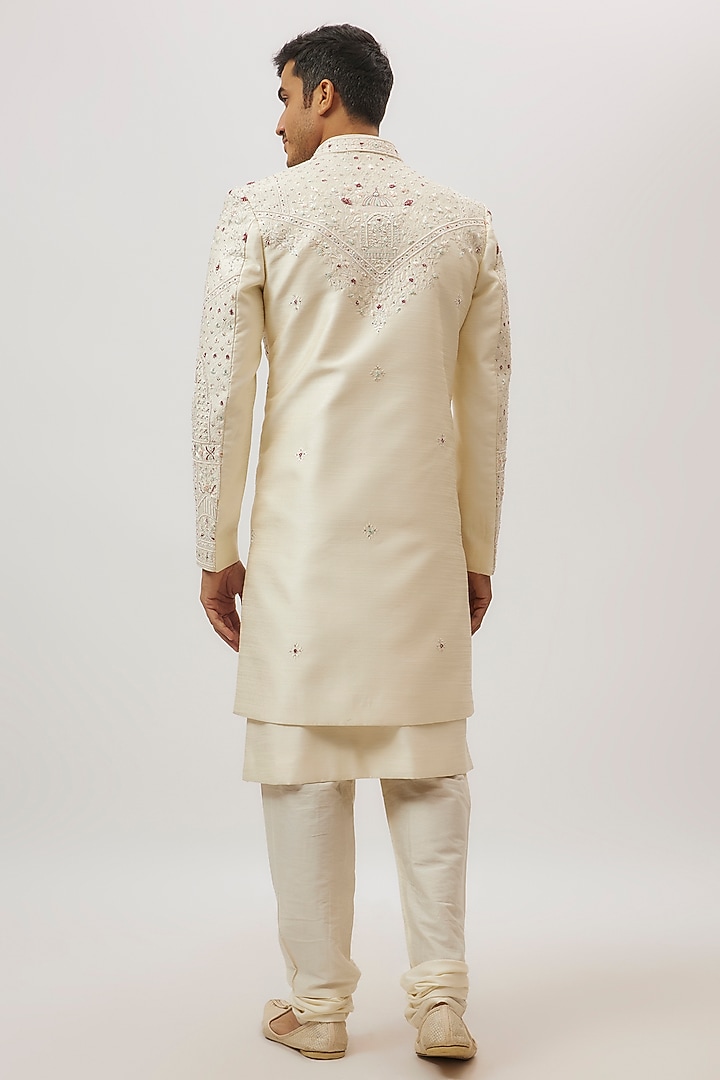 ivory Silk Floral Printed & Crystal Machine Embroidered Groom Sherwani Set by Nero By Shaifali & Satya at Pernia's Pop Up Shop