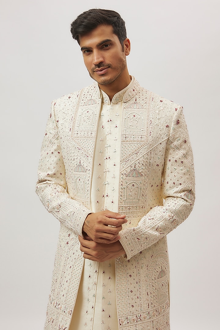 ivory Silk Floral Printed & Crystal Machine Embroidered Groom Sherwani Set by Nero By Shaifali & Satya at Pernia's Pop Up Shop